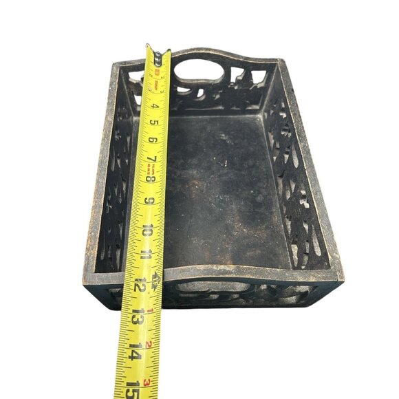 Black Carved Weathered Wood Box Tray Open work Handles Leaves Vine 12 x 8 x 3" - Picture 11 of 11